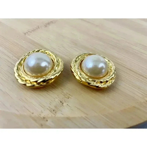 VTG Signed Bluette Shoe Clips Faux Pearl Gold Tone Textured 1980s - Picture 3 of 10